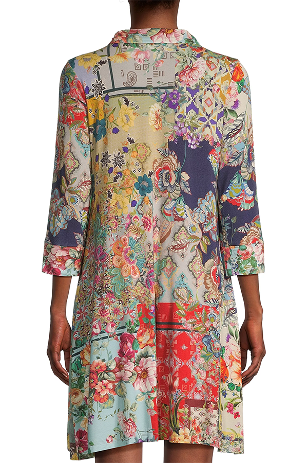 Intricate Floral Collage Decorates Button Shirtdress