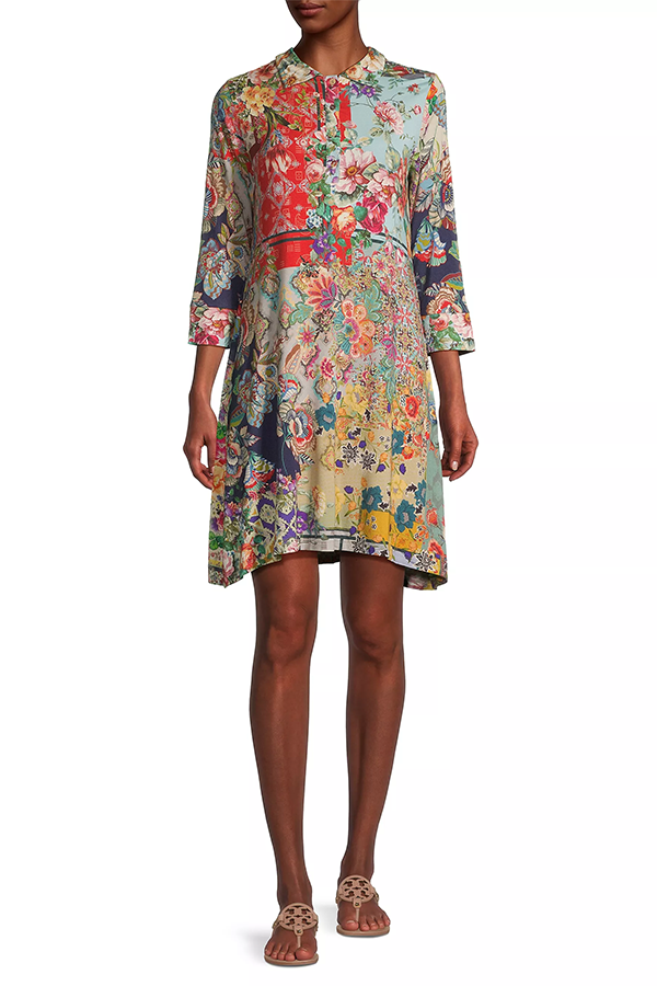 Intricate Floral Collage Decorates Button Shirtdress