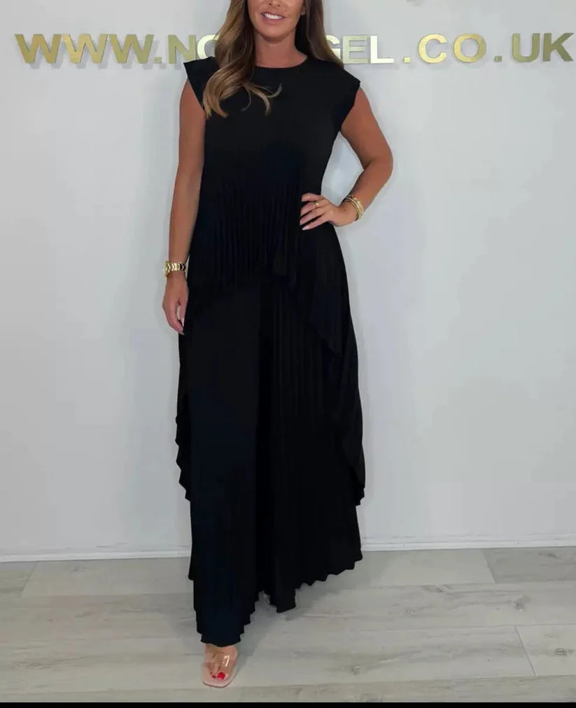 🔥Laney Pleated Short Sleeve Irregular Midi Top and Elastic Waist Wide Leg Pants Set✨