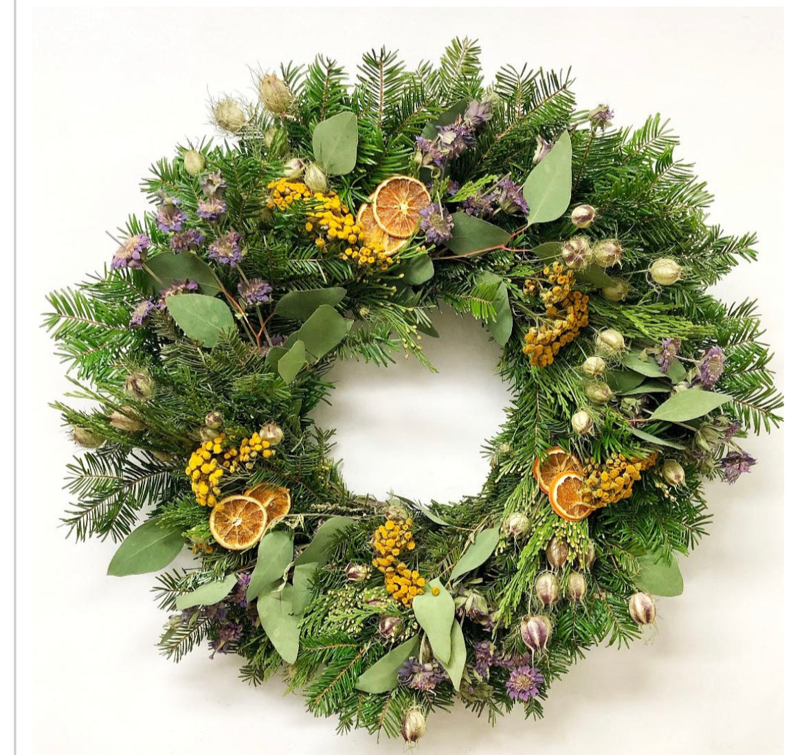 Thanksgiving Harvest Wreath - Fresh Pine and dried Herbs