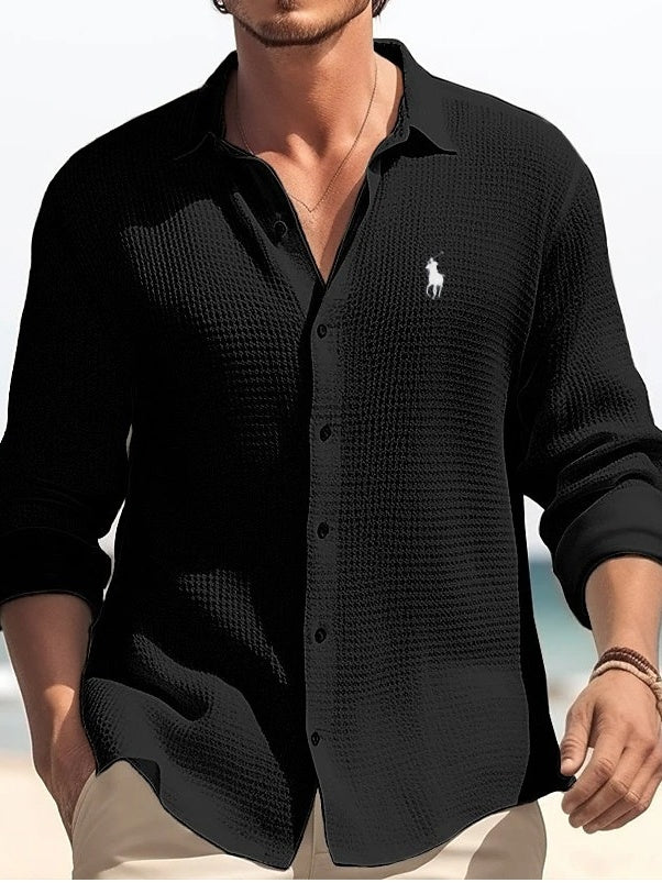 Men's solid color small waffle casual shirt