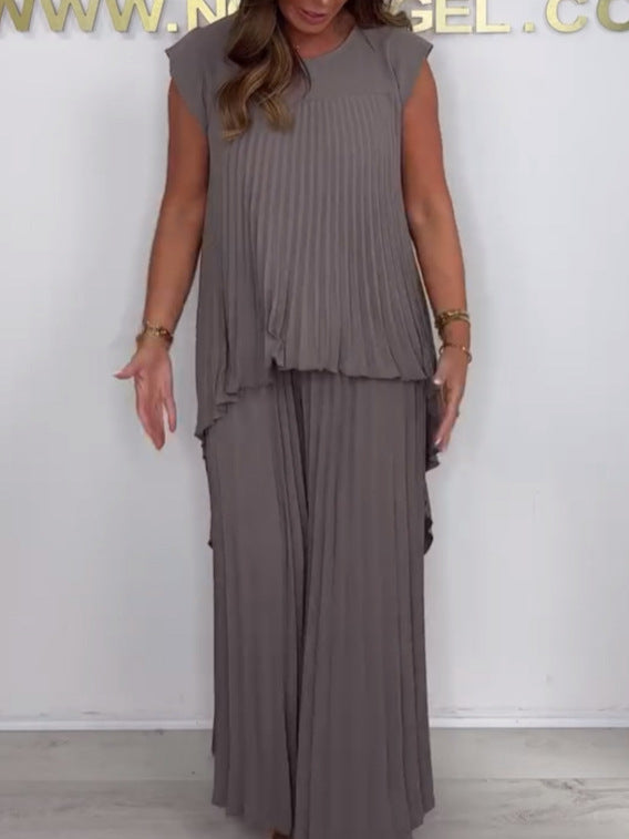 🔥Laney Pleated Short Sleeve Irregular Midi Top and Elastic Waist Wide Leg Pants Set✨