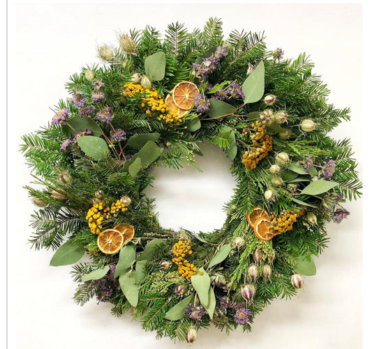 Thanksgiving Harvest Wreath - Fresh Pine and dried Herbs