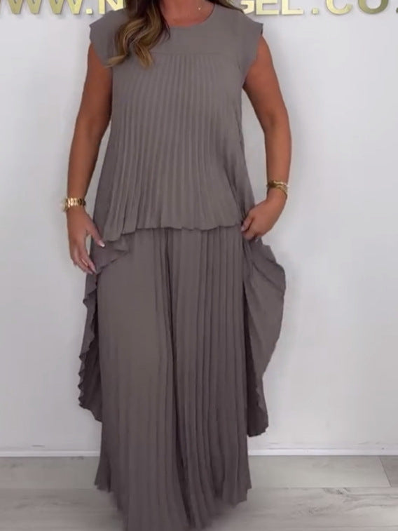 🔥Laney Pleated Short Sleeve Irregular Midi Top and Elastic Waist Wide Leg Pants Set✨