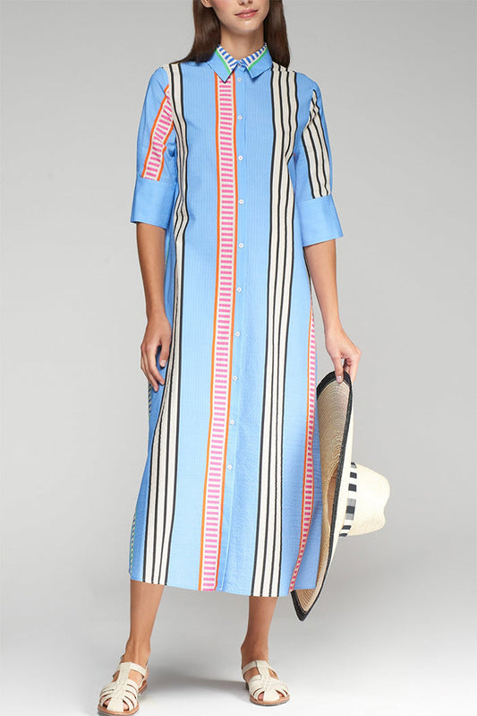 Vertical Stripes Pocket Blue Shirt Dress